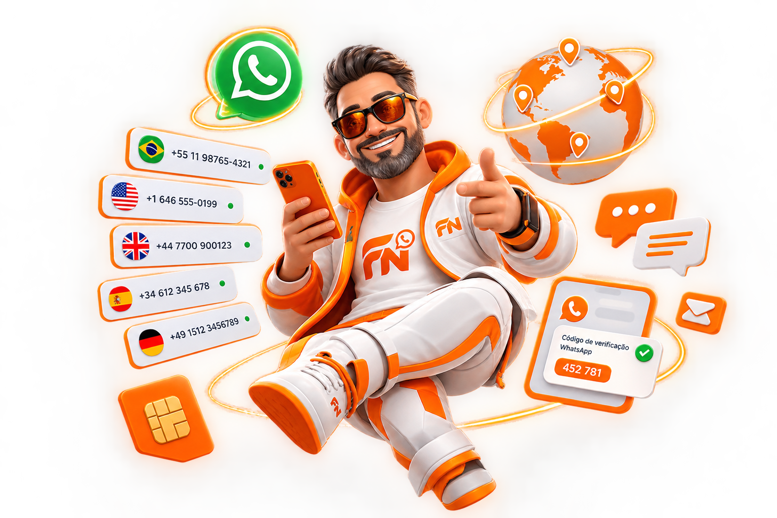 Mascote Future Numbers com números de países e código de verificação do WhatsApp